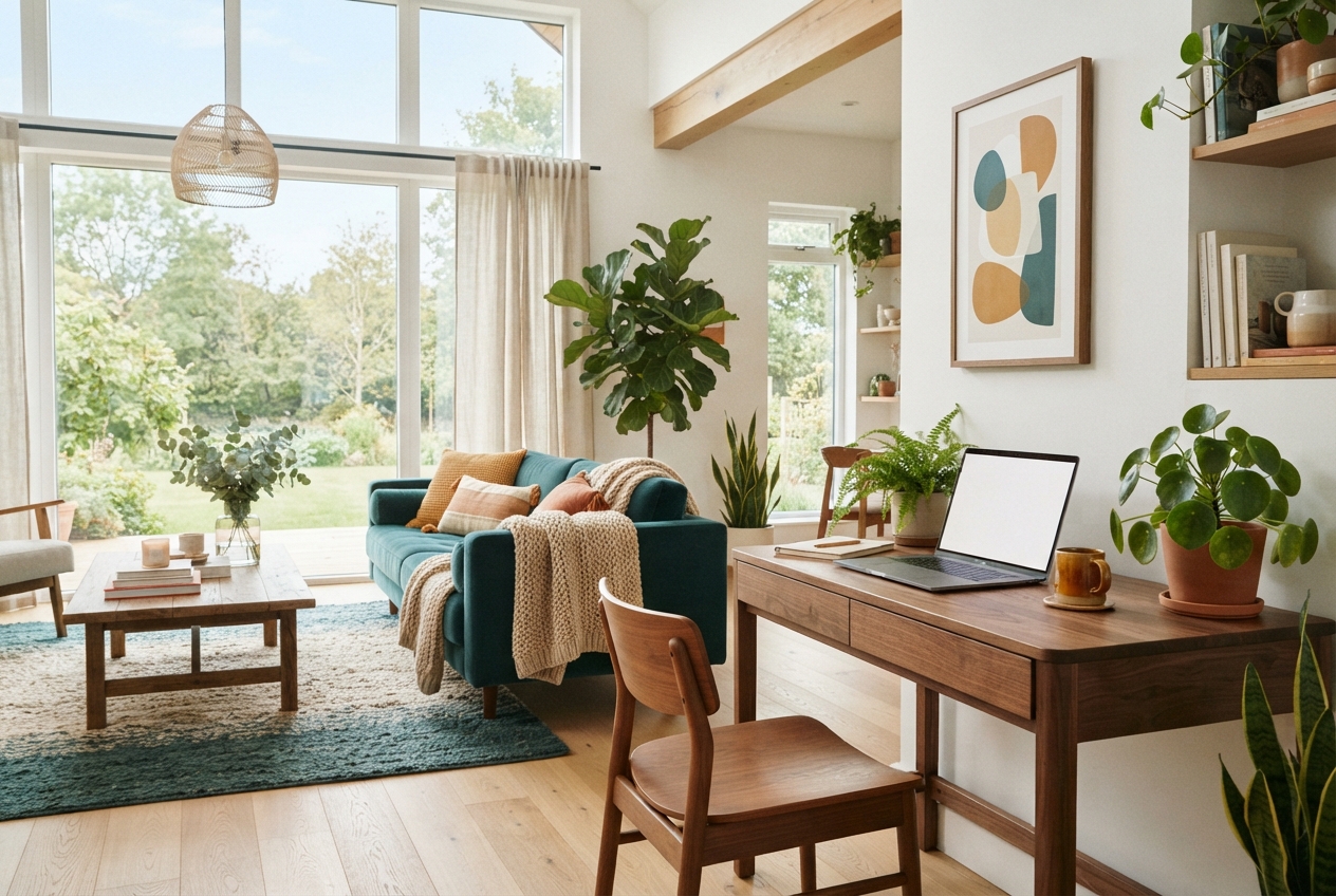 Bright living room with teal sofa, plants, desk and blank laptop beside large garden-facing windows.