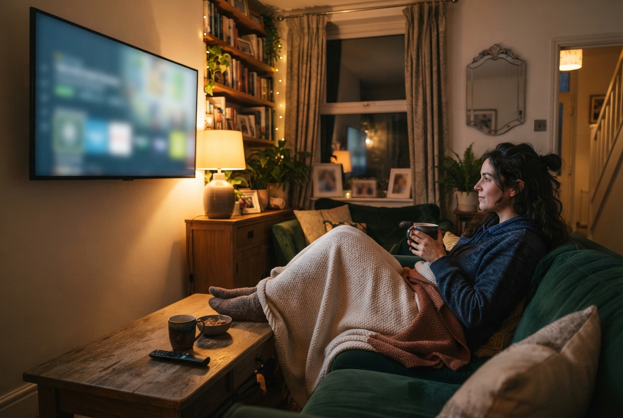Woman wrapped in blankets drinks from a mug on a green sofa while watching a blurred TV in a cozy living room.