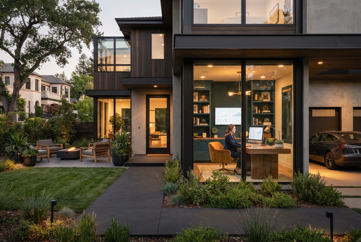 Modern dark-clad home with glowing windows, landscaped yard, patio fire pit, visible office, and garage car.